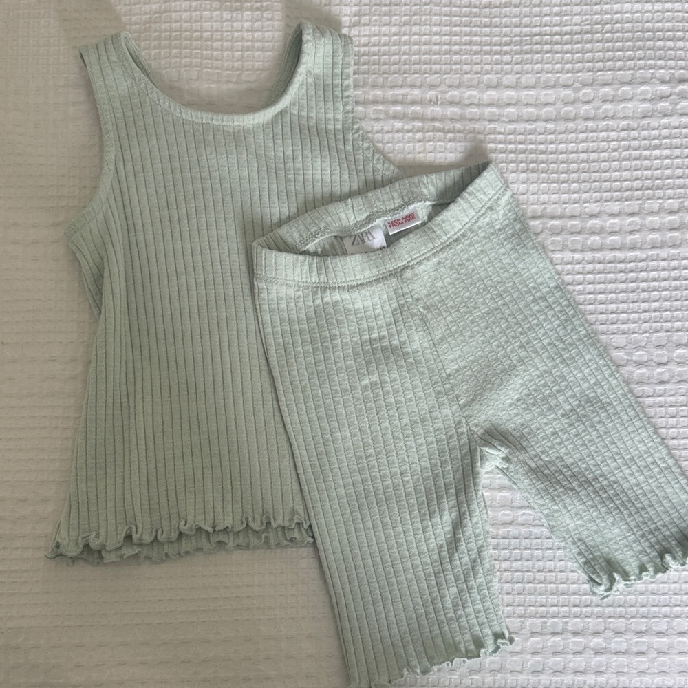 Zara Kids Ribbed Tank Top and Biker Shorts Set - Light Mint Green